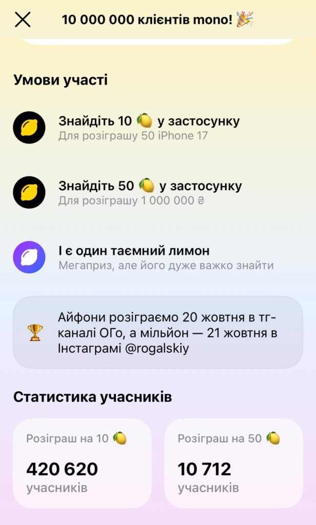 условия розыгрыша и количество лимонов