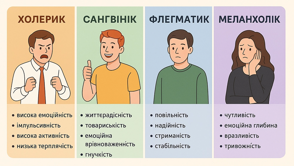 4 типи темпераменту: сангвінік, меланхолік, холерик, флегматик
