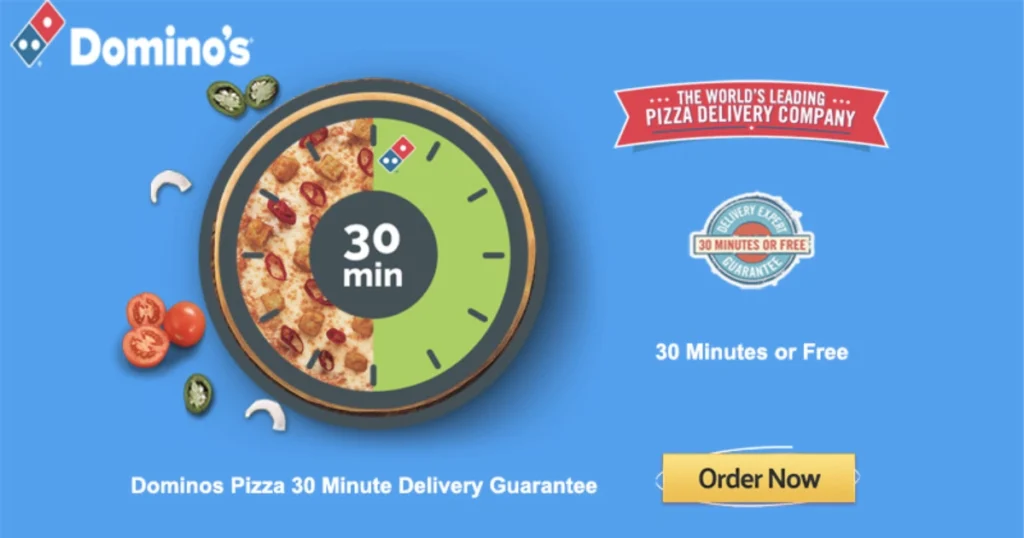 Унікальна торгова пропозиція Приклад Domino’s Pizza: Отримай свіжу, гарячу піцу просто до дверей за 30 хвилин або швидше — або вона безкоштовна.