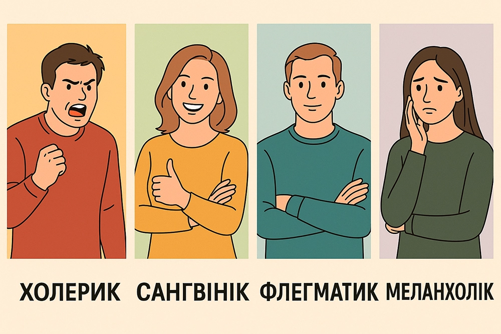 Чотири основні типи темпераменту, класифікація Гіпократа — холерик, сангвінік, флегматик, меланхолік.
