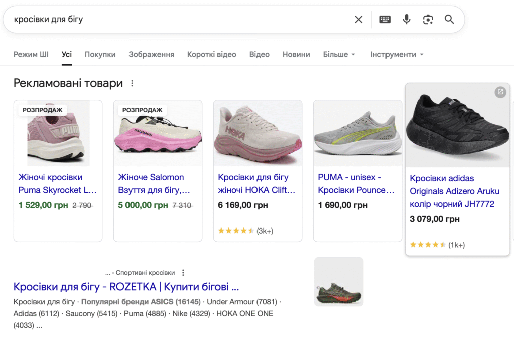 приклад релевантної пошукової видачі та реклами