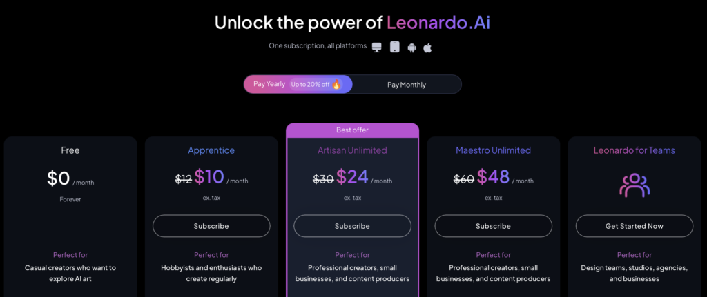 Ціни та тарифи Leonardo.Ai