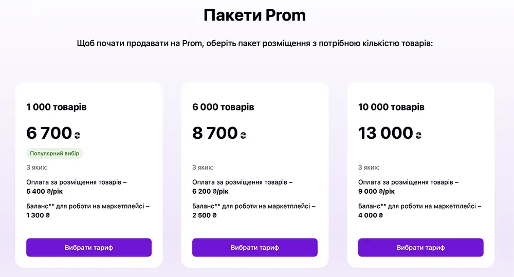 Тариф для продавця Prom